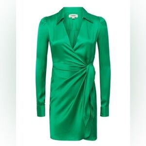 NWT L'AGENCE Amani Wrap Mini Satin Dress in Grass Green Size 0
